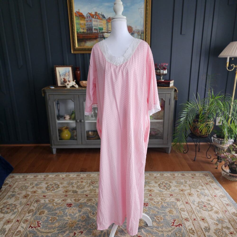 Vintage Carole Pink Dotted Swiss Nightgown Cottagecore 1X USA